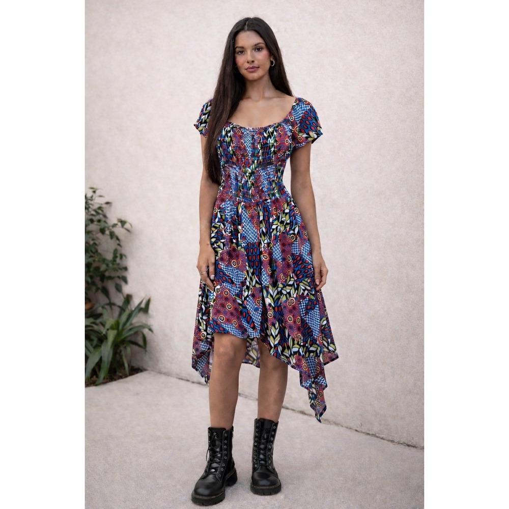 Patchwork Asymmetric Midi Dress One Size Smocked‎ Whimsical Gypsy Festival Art